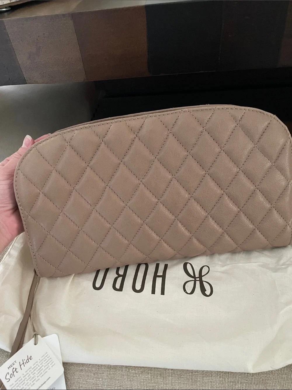 HOBO Quilted Leather clutch in Taupe Beige - Picture 1 of 4